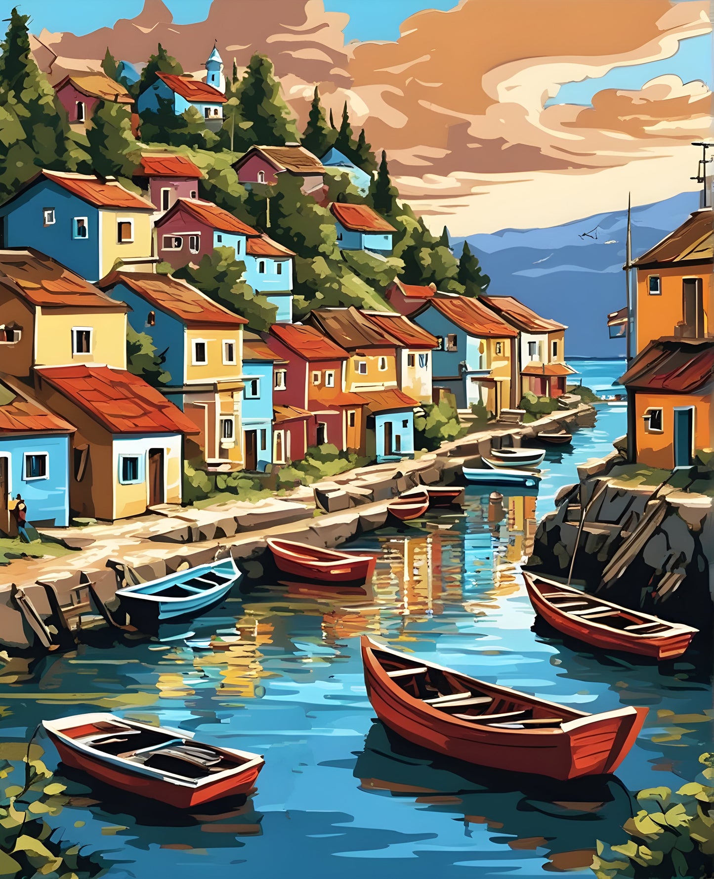 Village Fishing Harbor Landscape PD - Van-Go Paint-By-Number Kit