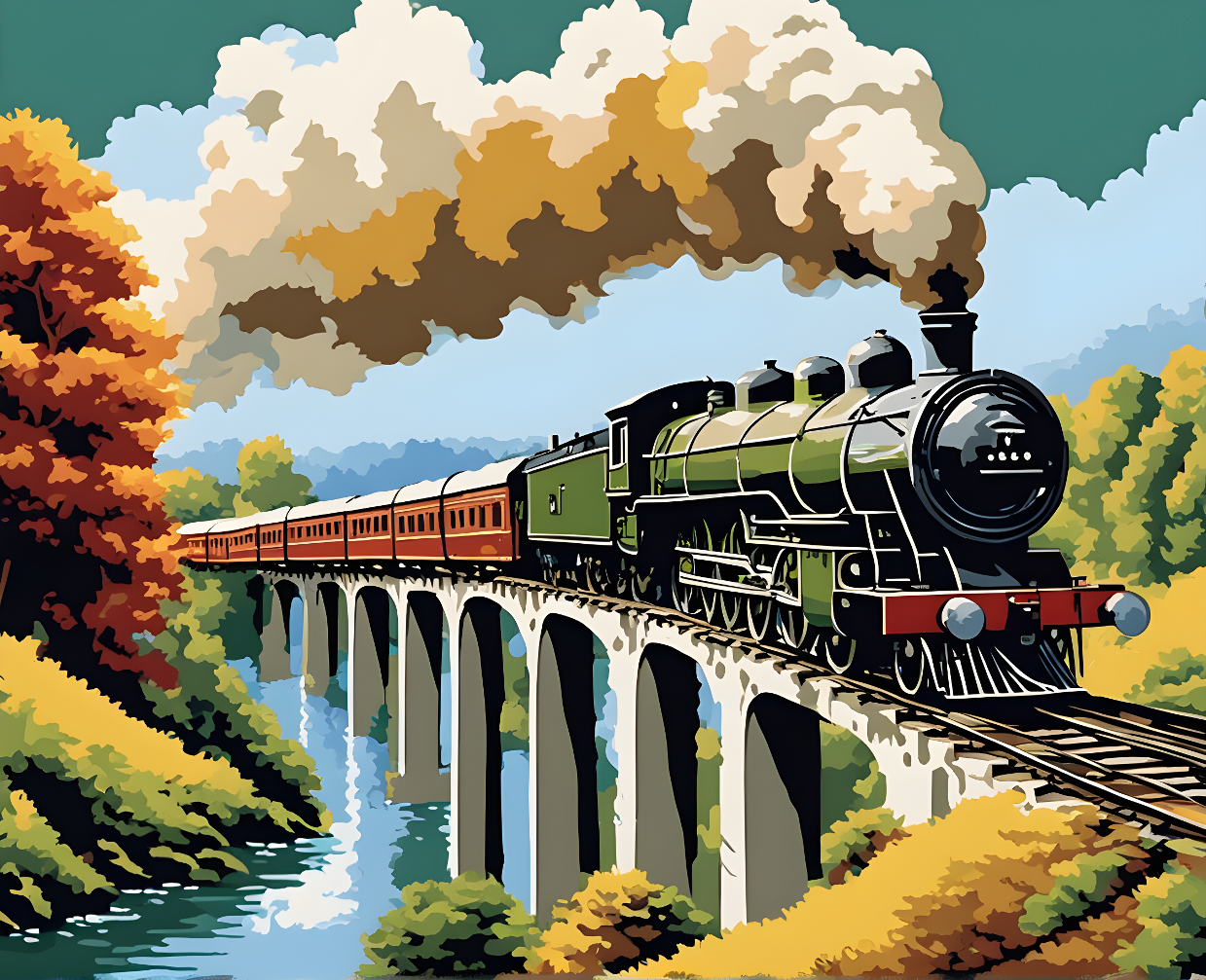 Vintage Steam Train Passing A Bridge - Van-Go Paint-By-Number Kit