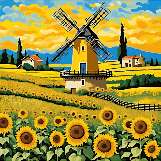 Windmill in a Sunflowers Field (2) - Van-Go Paint-By-Number Kit