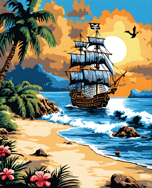 Pirate Ship near Exotic Beach (1) - Van-Go Paint-By-Number Kit