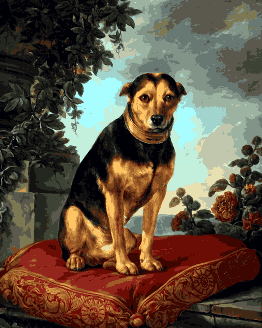 Dogs Collection PD (70) - a dog seated on a red cushion by Henri van Assche - Van-Go Paint-By-Number Kit