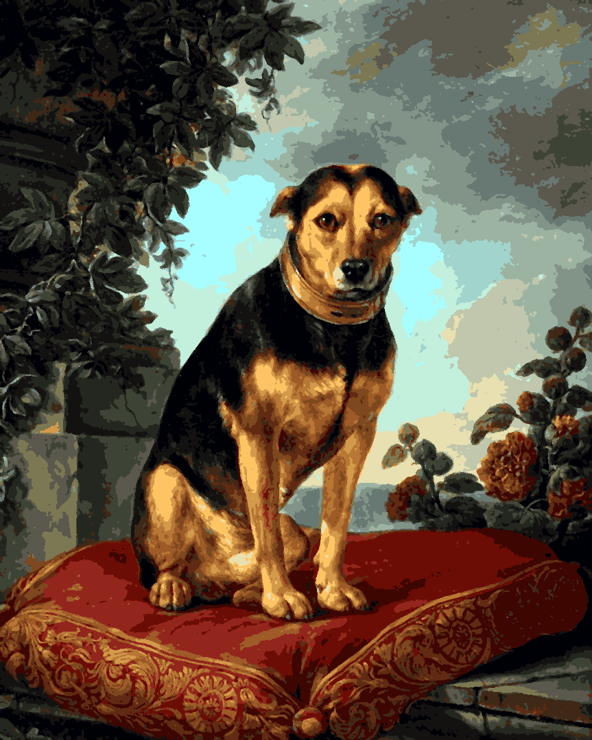 Dogs Collection PD (70) - a dog seated on a red cushion by Henri van Assche - Van-Go Paint-By-Number Kit