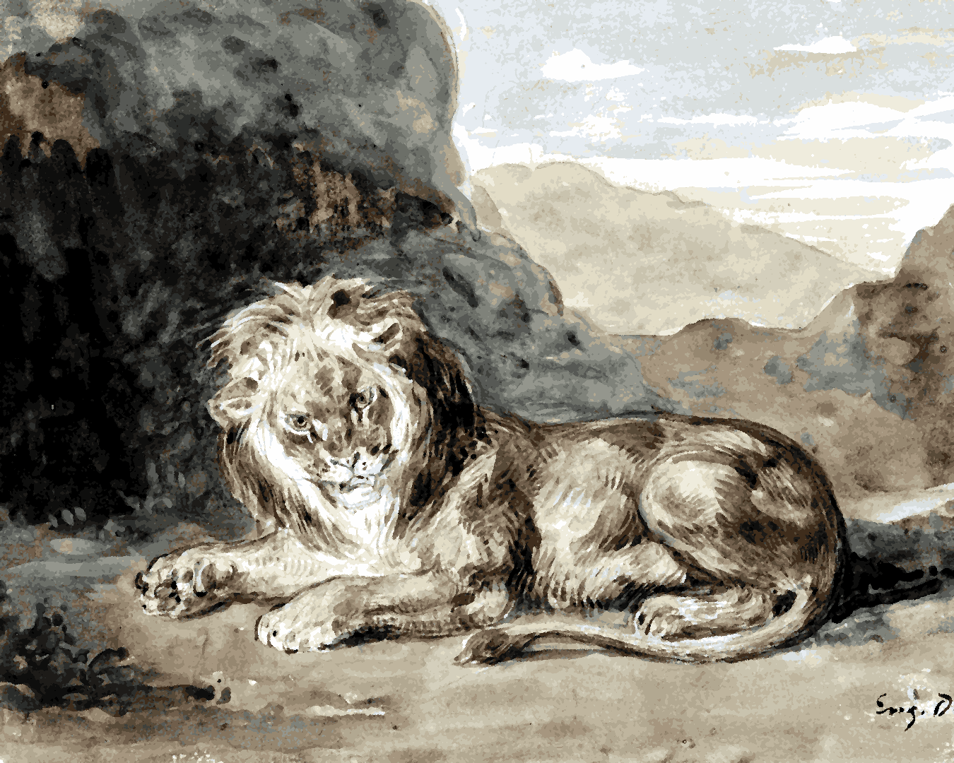 Lions Collection PD (8) - Lying lion in a landscape by Eugène Delacroix -  Van-Go Paint-By-Number Kit